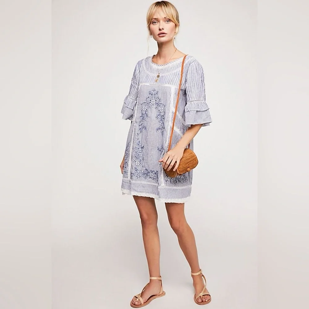 Free People Sunny‎ Days Trapeze Dress Blue White